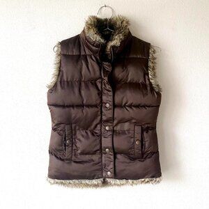 GAP Brown Puffer Vest Jacket Faux Fur Lining Women's Small
